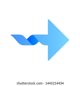 Twisted blue arrow flat design long shadow color icon. Navigation pointer. Direction move. Spiral line. Pointing cursor. Arrowhead indicating rightward. Motion, next. Vector silhouette illustration