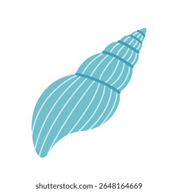 Twisted blue cartoon seashell with spiral form and striped texture, illustrated in a clean flat vector style for ocean, sea, beach, vacation, summer design. Isolated white background.
