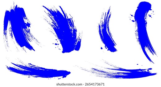 Paquete de línea de Vector de tinta azul retorcida. Trazos de pincel largos y redondeados dibujados a mano, texto resaltado, marcos y círculos. Ilustración vectorial, Eps 10.