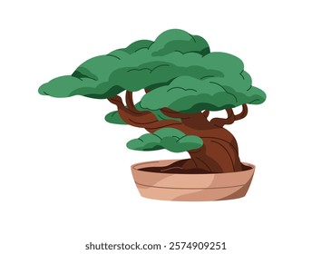 Twisted bonsai tree growing in pot. Japanese plant, wood with green leaves, foliage. Traditional Asian houseplant in flowerpot icon. Home garden. Flat isolated vector illustration on white background