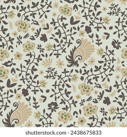 Twisted branches and steam, leaves and flowers in blossom. Flora and botany decoration. Fabric or textile adornment with plants. Seamless pattern, wallpaper print or background. Vector in flat style