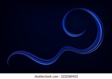 Twisted brush stroke 3d. Blue ribbon, bright dynamic spiral. Movement, energy, artistic curve, curl. Wave flow, bright line, curved shape. Flow of liquid or smoke. Vector illustration.