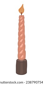Twisted candle with burning flame light. Doodle of cozy spiral wax stick with burning wick. Cartoon vector illustration. Clip art isolated on white.