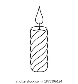 Twisted candle. Sketch. Magic attribute. Burning flame. Vector illustration. Coloring book for children. Outline on an isolated white background. Doodle style. Ritual attribute. Festive print. 