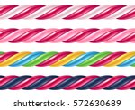 Twisted candy cane colorful seamless borders set. Stick of hard candy pattern. Vector illustration.