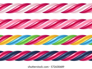 Twisted candy cane colorful seamless borders set. Stick of hard candy pattern. Vector illustration.