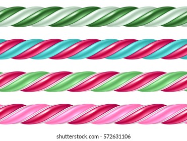 Twisted candy cane colorful seamless borders set. Stick of hard candy pattern. Vector illustration.