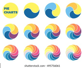 Twisted charts for infographics. Elements with 1, 2, 3, 4, 5, 6, 7, 8, 9, 10, 11, 12 steps, options.