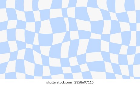 Twisted checkerboard blue background. Trendy distorted checkered backdrop with pale pastel color. Gingham, plaid, chessboard design.