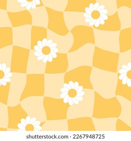 Twisted checkered background with daisy flowers. Trippy grid retro seamless pattern. 1970 vintage chessboard positive yellow hippie design. Vector Illustration.