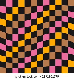 Twisted checkered colorful background. Abstract vector seamless pattern. Retro wavy psychedelic checkerboard