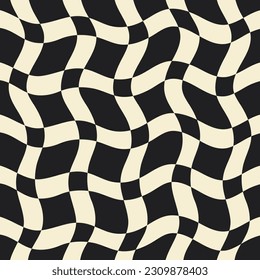 Twisted checkered colorful background. Abstract vector seamless pattern. Retro wavy psychedelic checkerboard