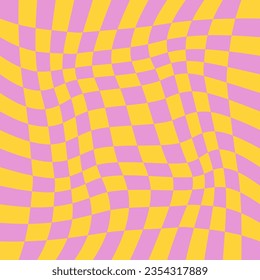Twisted checkered colorful background. Abstract vector pattern. Retro wavy psychedelic checkerboard. Funky retro aesthetic prints for modern design. Y2k art. Yellow and pink colors