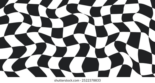 Twisted checkered colorful background. Abstract vector pattern. Black and white colors. Retro wavy psychedelic checkerboard