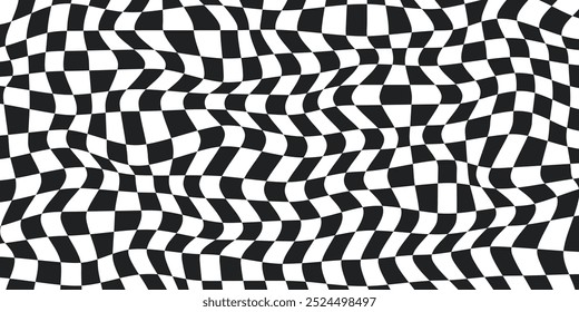 Fondo colorido a cuadros retorcido. Patrón de Vector Abstractas. Colores blanco y negro. Tablero de ajedrez psicodélico ondulado retro