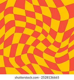 Twisted checkered colorful background. Abstract vector pattern. Red and yellow colors. Retro wavy psychedelic checkerboard