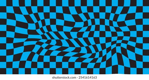 Twisted checkered colorful background. Abstract vector seamless pattern. Retro wavy psychedelic checkerboard