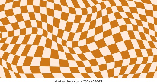 Fundo colorido xadrez trançado. Padrão vetorial abstrato. Cores castanha e bege. Quadriculado psicodélico ondulado retrô