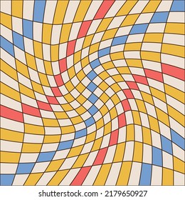 Twisted checkered colorful background with linear contour. Abstract vector cell pattern in 70s groovy style. Retro wavy psychedelic checkerboard backdrop