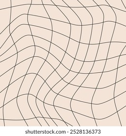 Fundo linear quadriculado trançado. Padrão vetorial abstrato. Cores preta e bege. Quadriculado ondulado retrô