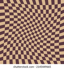 Twisted chessboard abstract background. Retro small wavy psychedelic checkerboard vector illustration.