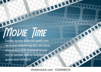 Twisted cinematography film for photo or video recording on blue background vector illustration. Concept for movie theater or online cinema. layout space for photo collage on top and bottom