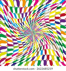 Verdrehte Farb-Illusion. Psychedelisches Wellenmuster. Abstrakter Wirbelvektor. Weißes Hintergrundformular.