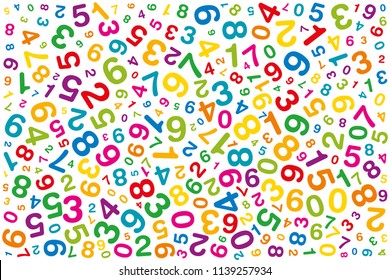 Twisted colored numbers. Randomly distributed numerals. Symbol image for numerology or flood of data. One to zero disorganized of different sizes and angles. Illustration on white background. Vector.