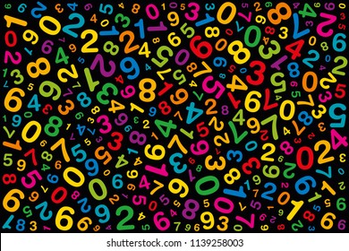 Twisted colored numbers. Randomly distributed numerals. Symbol image for numerology or flood of data. One to zero disorganized of different sizes and angles. Illustration on black background. Vector.