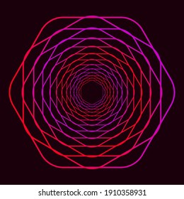 Twisted colored spiral. Curved wireframe tunnel. Vector technology logo element.