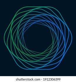 Twisted colored spiral. Curved wireframe tunnel. Vector technology logo element.