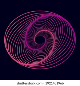 Twisted colored spiral. Curved wireframe tunnel. Vector technology logo element.