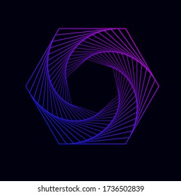 Twisted colored spiral. Wireframe hexagon shape. Vector technology lines graphic element.