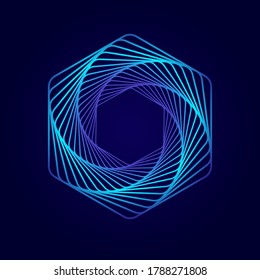 Twisted colored spiral. Wireframe hexagon shape. Vector technology lines graphic element.