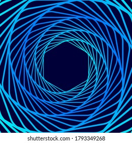 Twisted colored spiral. Wireframe hexagon shape. Vector technology tunnel.