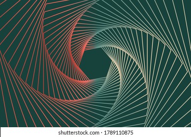 Twisted colored tunnel spiral. Wireframe shape. Vector design with dark green color