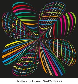 Twisted colorful motion. Radial string illusion. Vibrant dynamic shape. Vector symmetry spin.