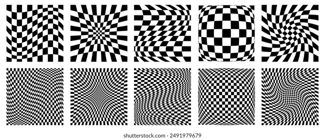 Twisted convex seamless chessboard pattern, checkered background with distortion effect