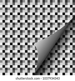 Twisted corner of paper with shadow on background with squares, vector