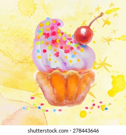 Twisted cupcake with berry on yellow background