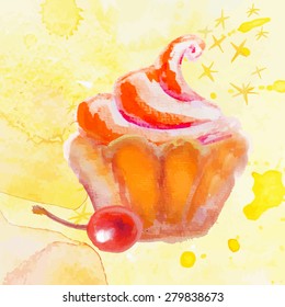 Twisted cupcake with berry on yellow background