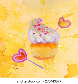 Twisted cupcake on yellow background