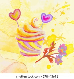 Twisted cupcake on yellow background