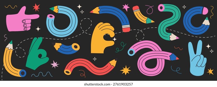 Twisted curved colored pencils and hands with various gestures set on dark background.  Flexible school supplies. Perfect for stickers, schedules, notebooks, notepads, diaries, school banners