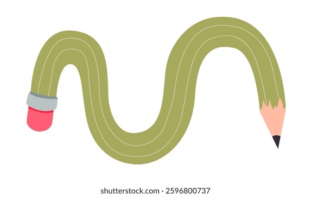 Twisted curved comic pencil doodle sketchy. Line hand drawn simple pencil. Funky flexible school supplies. Trendy writing tool