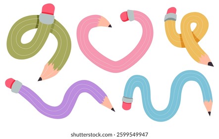 Twisted curved comic pencil doodle sketchy. Line hand drawn simple pencil. Funky flexible school supplies. Trendy writing tool