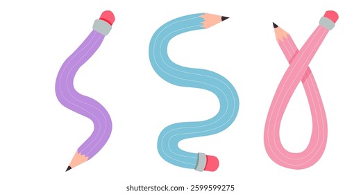 Twisted curved comic pencil doodle sketchy. Line hand drawn simple pencil. Funky flexible school supplies. Trendy writing tool