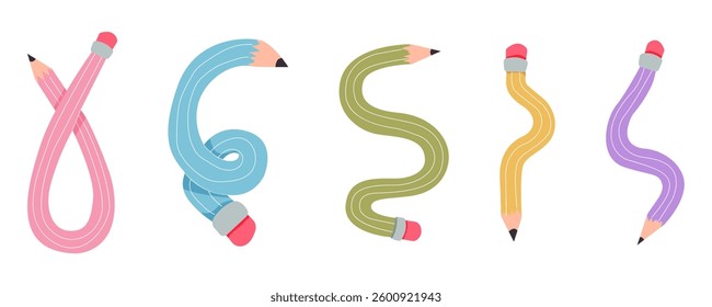 Twisted curved comic pencil doodle sketchy. Line hand drawn simple pencil. Funky flexible school supplies. Trendy writing tool