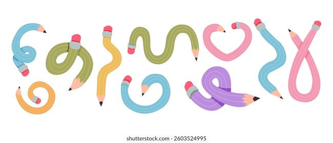 Twisted curved comic pencil doodle sketchy. Line hand drawn simple pencil. Funky flexible school supplies. Trendy writing tool