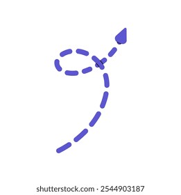 Twisted dashed line with cursor to showing direction. Bold arrow with loop, pointer symbol. Geometric shape for pointing route, way, path. Signpost, sign. Flat isolated vector illustration on white.